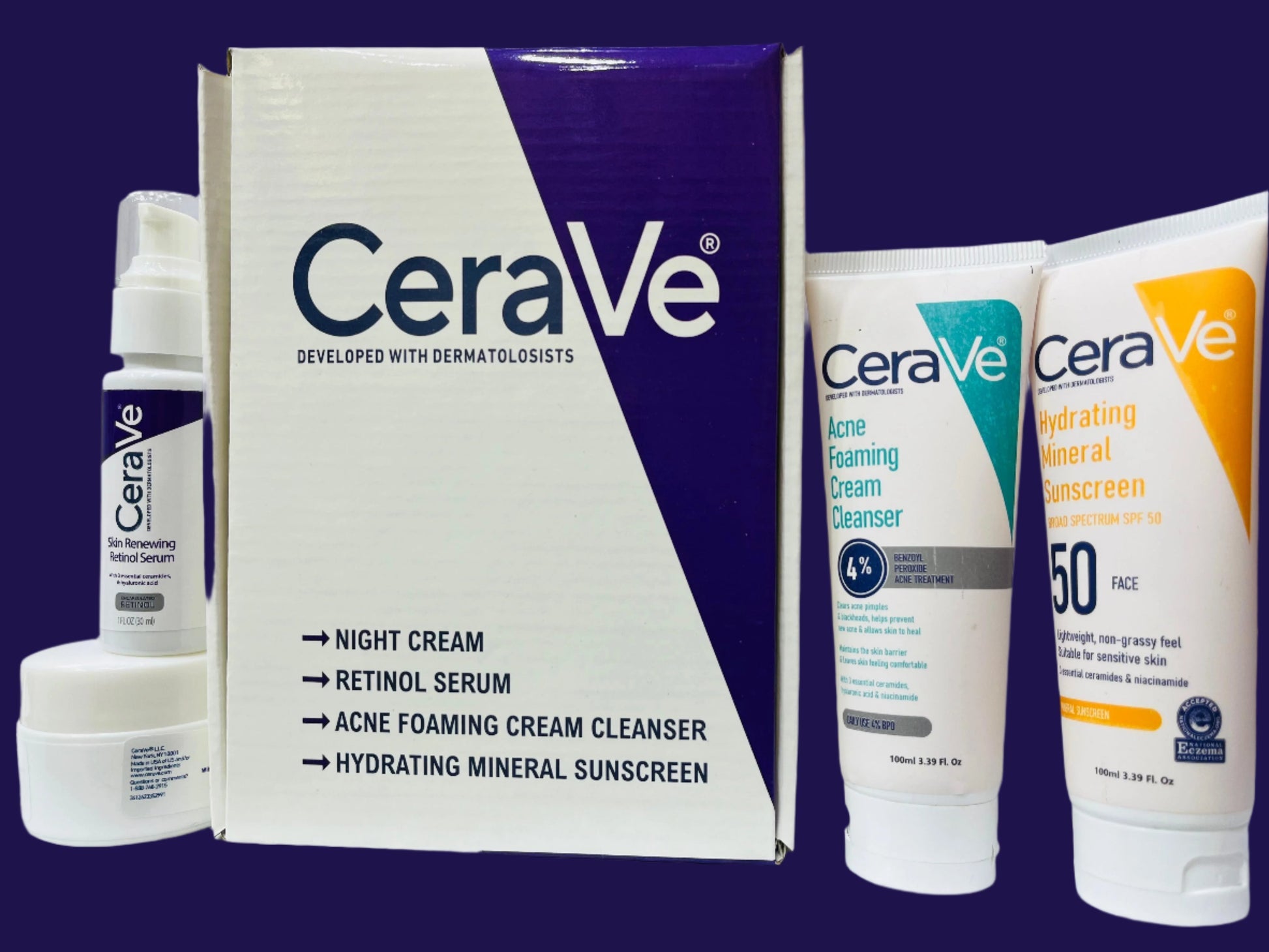 CeraVe 4-in-1 Skincare Kit: Night Cream, Sunblock, Cleanser & Serum for Radiant Skin